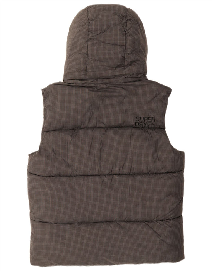 Superdry Mens Hooded Padded Gilet UK 38 Medium Grey Check Nylon