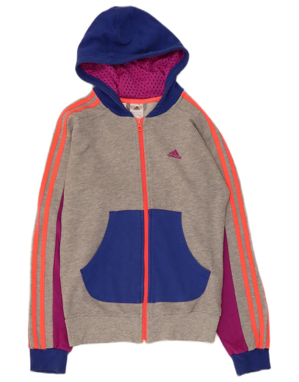 Adidas Girls Zip Hoodie Sweater 13-14 Years Grey Colourblock Cotton