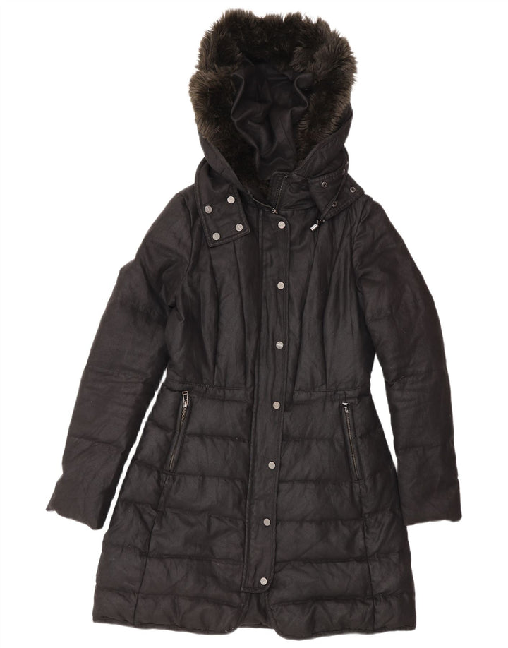 Zara Womens Hooded Padded Coat UK 12 Medium Black Polyester Winter