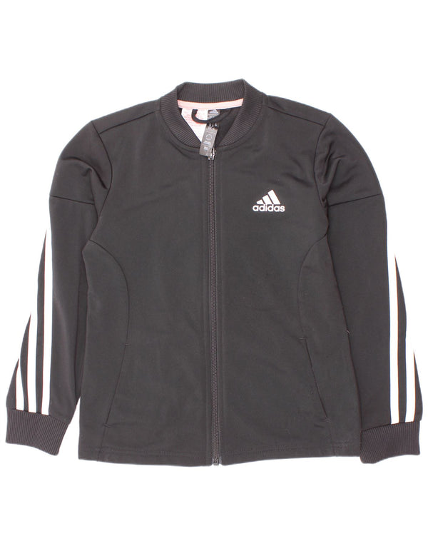Adidas Girls Tracksuit Top Jacket 7-8 Years Black Pinstripe Polyester