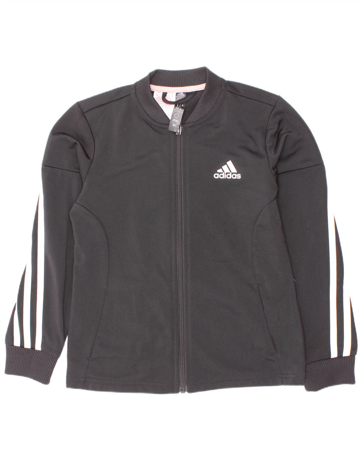 Adidas Girls Tracksuit Top Jacket 7-8 Years Black Pinstripe Polyester