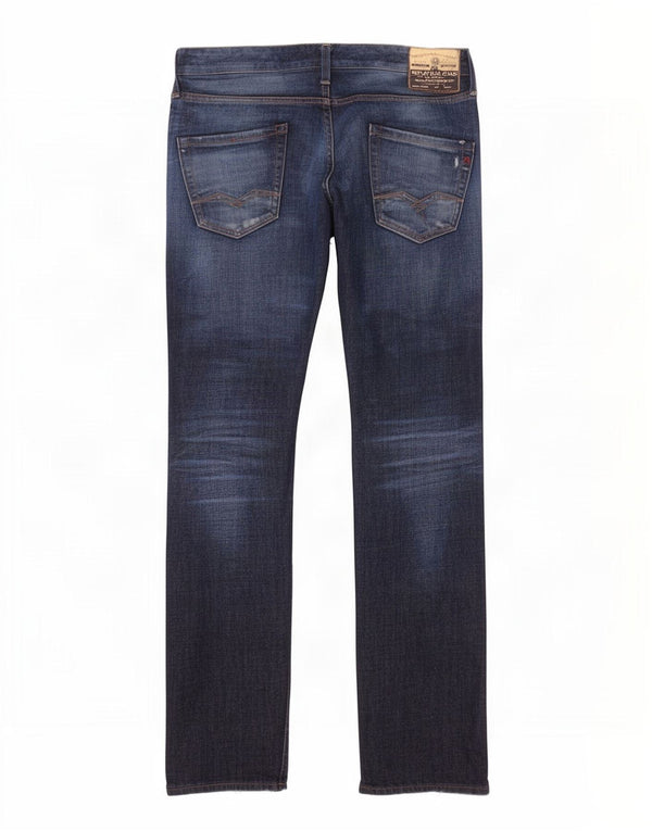 Replay Mens Waitom Straight Jeans W30 L34 Navy Blue Cotton