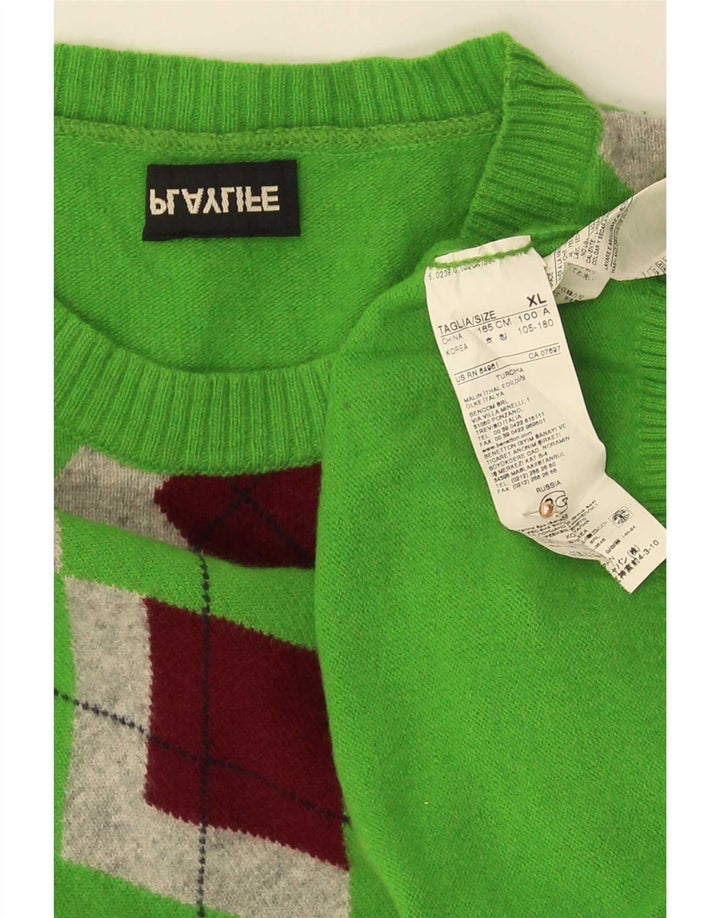 Playlife Mens Crew Neck Jumper Sweater XL Green Argyle/Diamond Wool