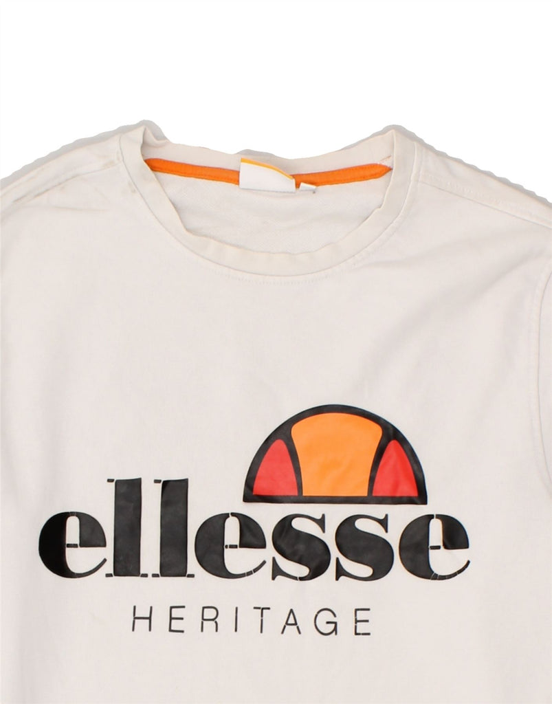 ELLESSE Mens Graphic Sweatshirt Jumper Medium White Cotton Vintage Ellesse and Second-Hand Ellesse from Messina Hembry 