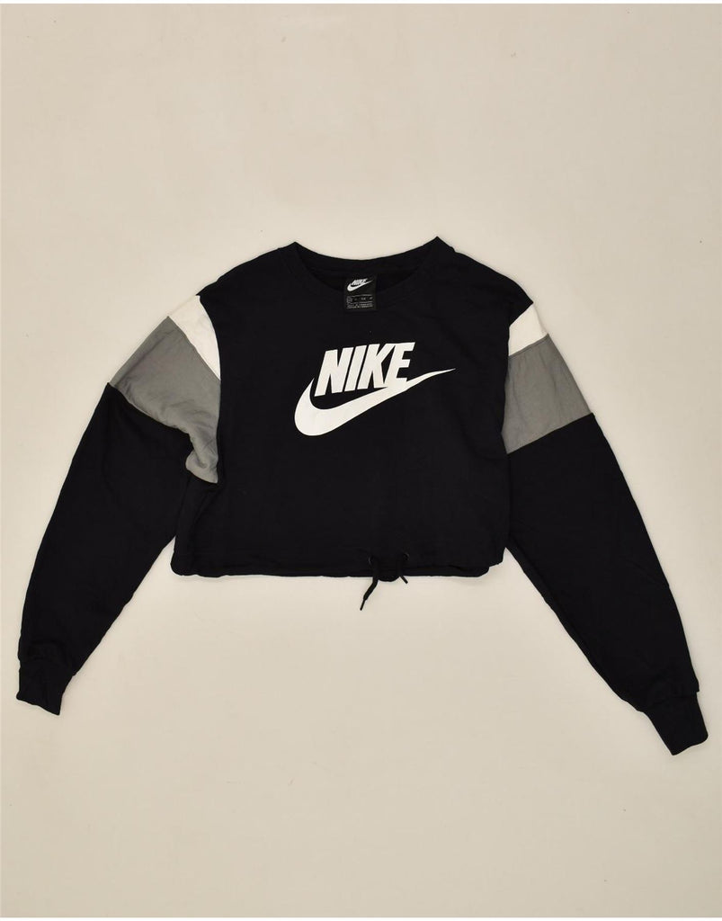 NIKE Womens Graphic Crop Sweatshirt Jumper UK 4 XS Black Colourblock | Vintage Nike | Thrift | Second-Hand Nike | Used Clothing | Messina Hembry 