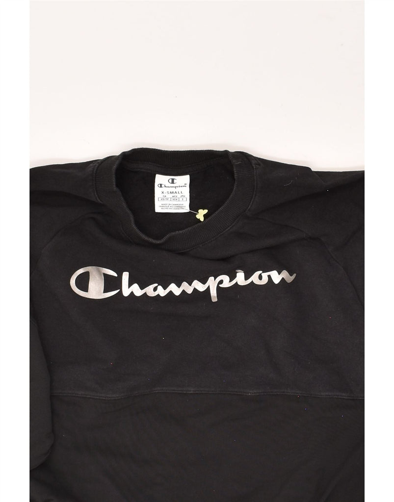 CHAMPION Womens Graphic Crop Sweatshirt Jumper UK 6 XS Black Cotton | Vintage Champion | Thrift | Second-Hand Champion | Used Clothing | Messina Hembry 