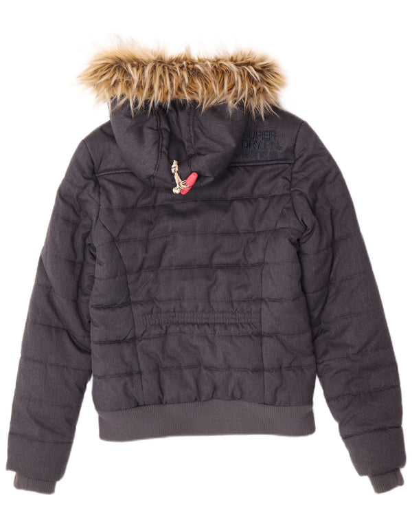 Superdry Womens Hooded Bomber Padded Jacket UK 8 Small Grey Polyester