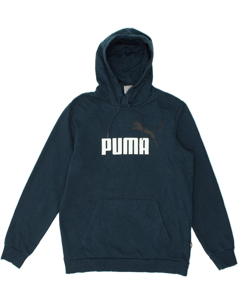 PUMA Mens Graphic Hoodie Jumper Medium Navy Blue Cotton | Vintage Puma | Thrift | Second-Hand Puma | Used Clothing | Messina Hembry 