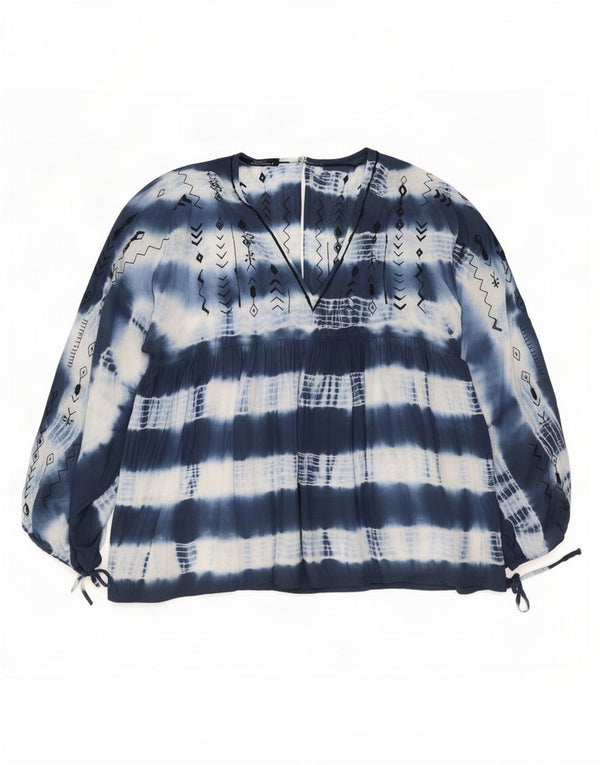 Vintage Womens Long Sleeve Blouse Top Size 1 UK18 XL Navy Blue Tie Dye
