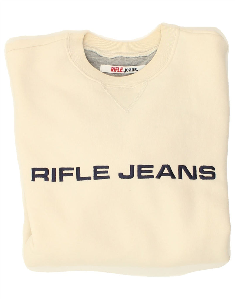 RIFLE Mens Graphic Sweatshirt Jumper XL Off White Cotton | Vintage Rifle | Thrift | Second-Hand Rifle | Used Clothing | Messina Hembry 