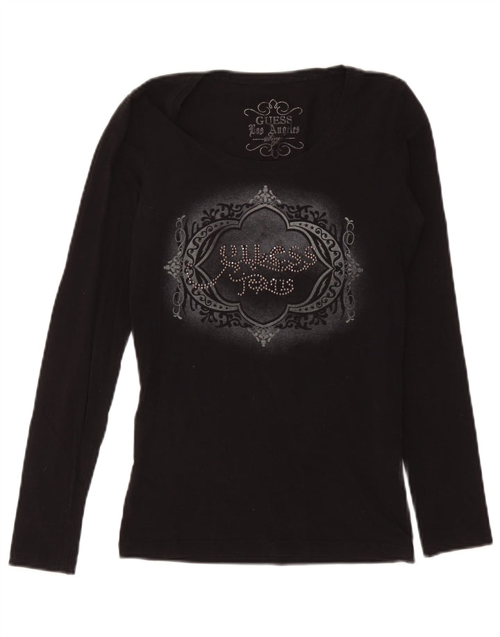 Guess Womens Graphic Top Long Sleeve UK 12 Medium Black Cotton