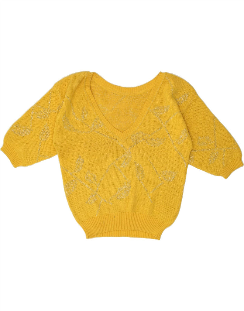 VINTAGE Womens 3/4 Sleeve V-Neck Jumper Sweater IT 44 Medium Yellow Cotton | Vintage Vintage | Thrift | Second-Hand Vintage | Used Clothing | Messina Hembry 