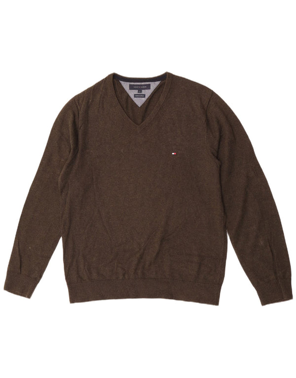 Tommy Hilfiger Mens V-Neck Jumper Sweater Large Khaki Cotton