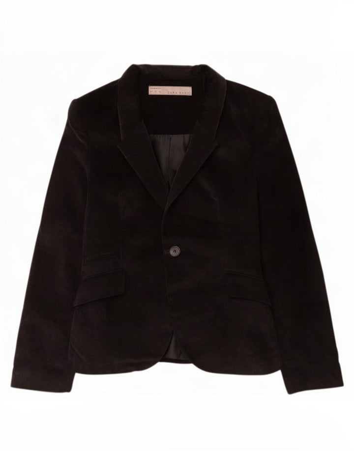 Zara Womens 1 Button Corduroy Blazer Jacket UK 12 Medium Black Cotton