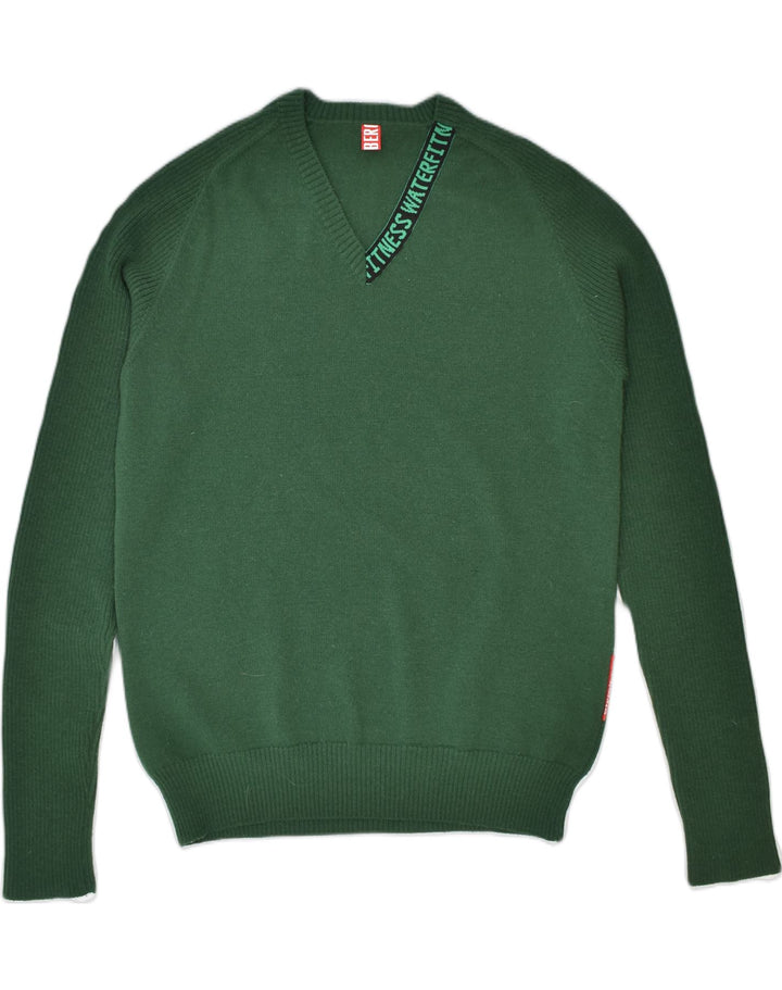 VINTAGE Mens V-Neck Jumper Sweater 2XL Green Virgin Wool