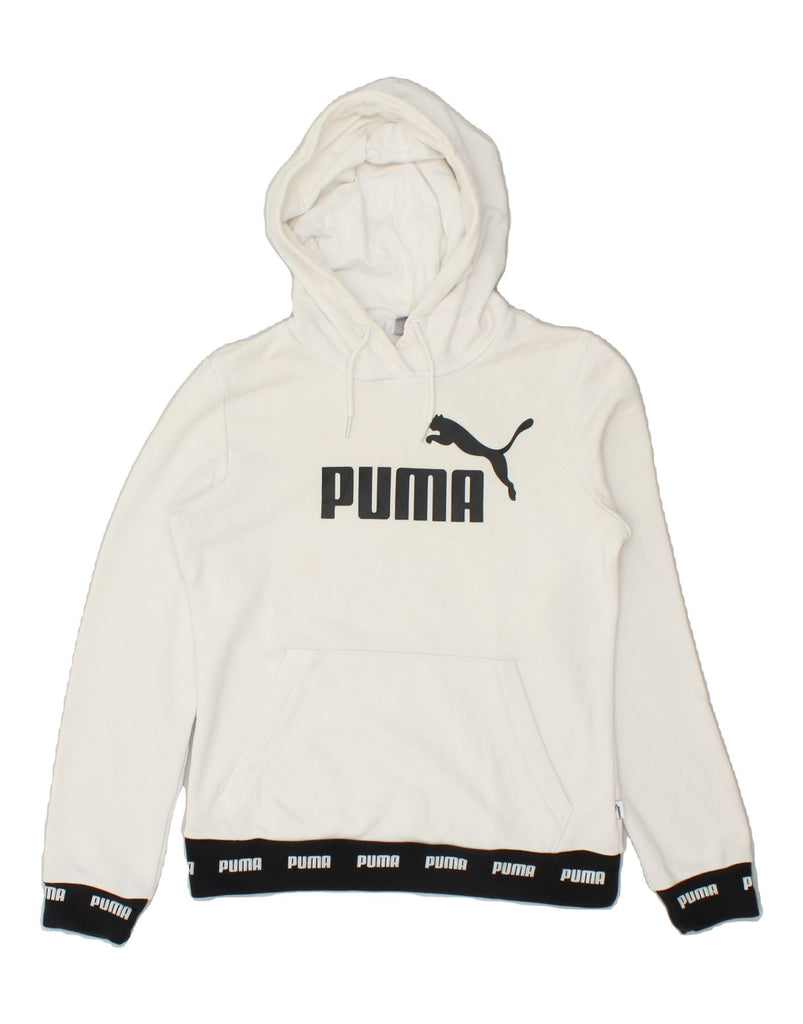 PUMA Womens Graphic Hoodie Jumper UK 6 XS White Colourblock Cotton | Vintage Puma | Thrift | Second-Hand Puma | Used Clothing | Messina Hembry 