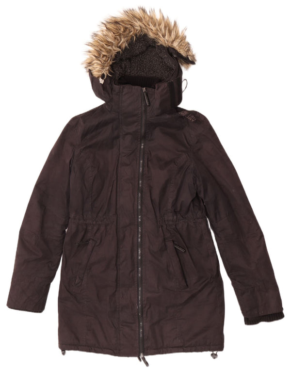 Superdry Womens Graphic Hooded Parka Jacket UK 16 Large Black Cotton