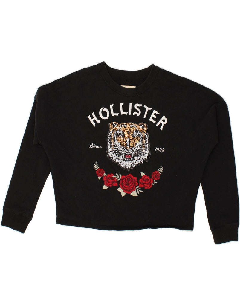 HOLLISTER Womens Graphic Crop Sweatshirt Jumper UK 10 Small Black | Vintage Hollister | Thrift | Second-Hand Hollister | Used Clothing | Messina Hembry 