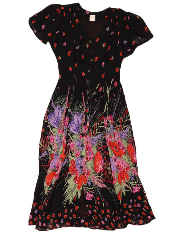 Vintage Womens Maxi Dress UK 10 Small Black Floral
