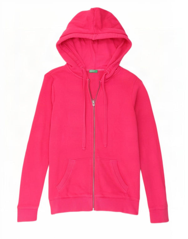Benetton Womens Zip Hoodie Sweater UK 6 XS Pink Cotton