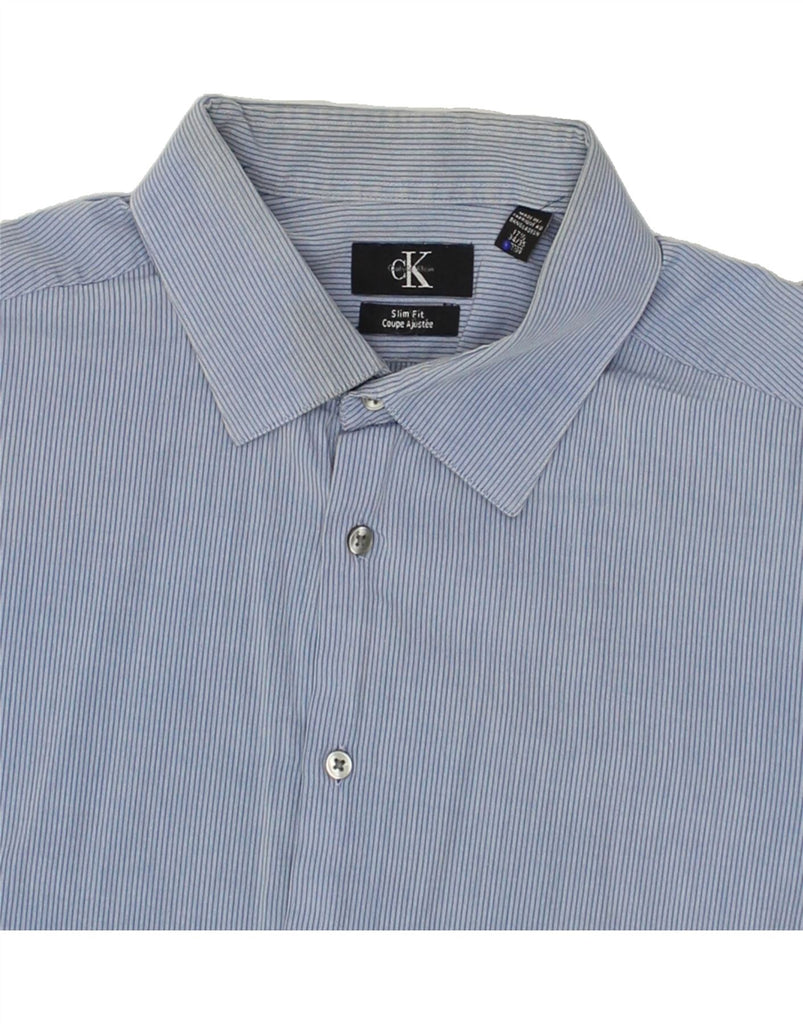 CALVIN KLEIN Mens Slim Fit Shirt Size 17 1/2 XL Blue Striped Cotton | Vintage Calvin Klein | Thrift | Second-Hand Calvin Klein | Used Clothing | Messina Hembry 