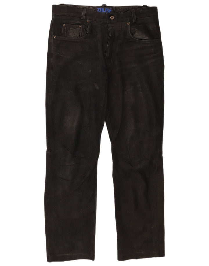 Vintage Mens Straight Leather Trousers W37 L30 Black