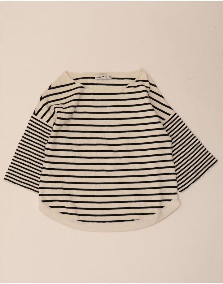 Zara Womens Top 3/4 Sleeve UK 12 Medium White Striped Viscose Nautical