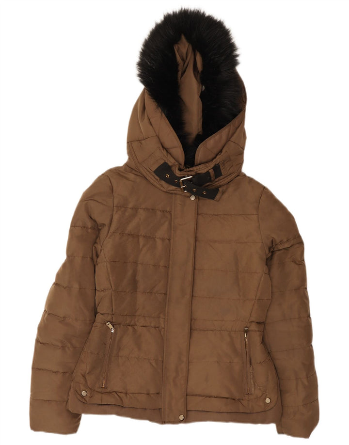 Zara Womens Hooded Padded Jacket UK 14 Medium Brown