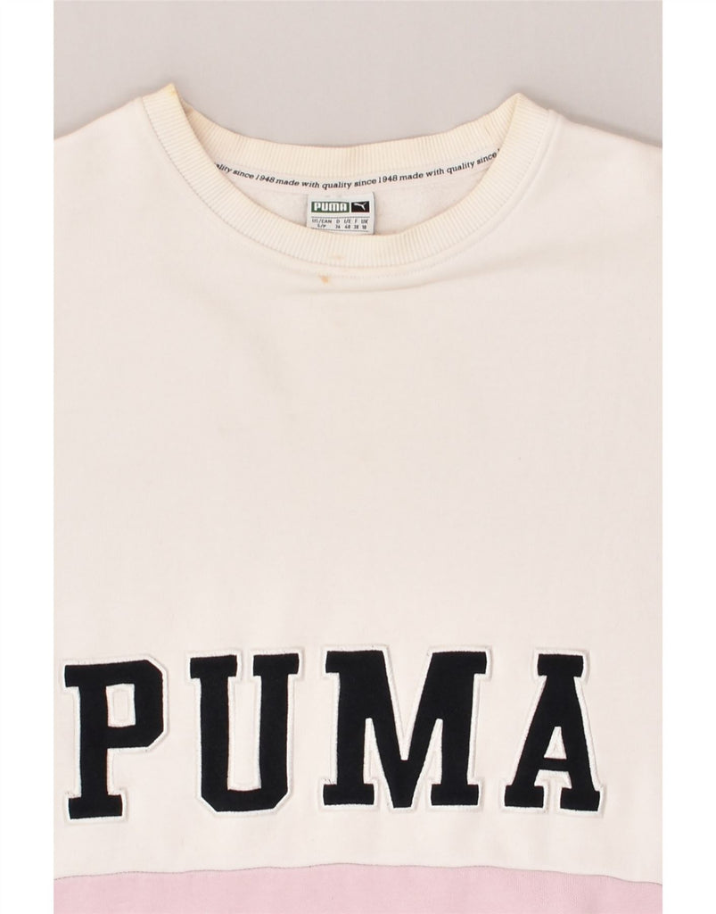 PUMA Womens Graphic Sweatshirt Jumper UK 10 Small White Colourblock Cotton | Vintage Puma | Thrift | Second-Hand Puma | Used Clothing | Messina Hembry 