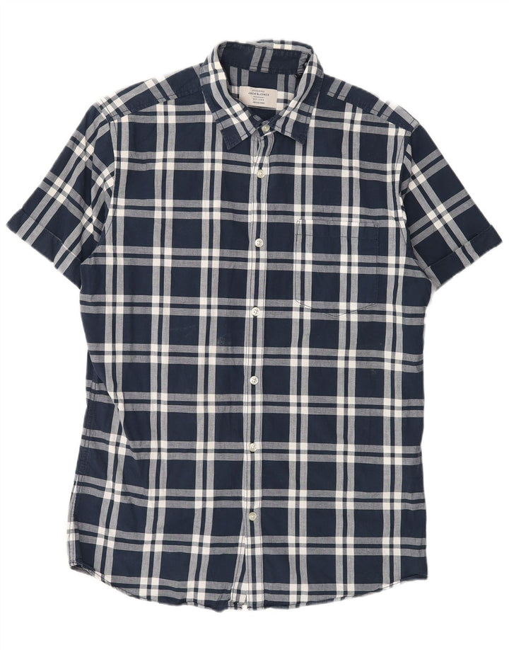 Jack & Jones Mens Short Sleeve Shirt Medium Navy Blue Check Cotton