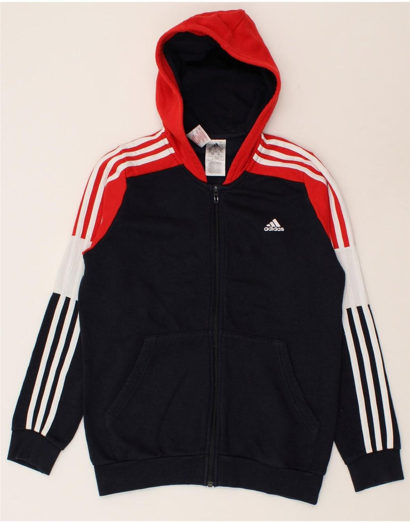 ADIDAS Boys Graphic Zip Hoodie Sweater 13-14 Years Navy Blue Colourblock | Vintage Adidas | Thrift | Second-Hand Adidas | Used Clothing | Messina Hembry 