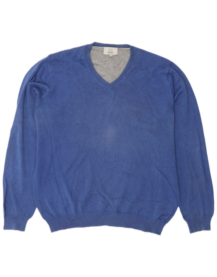 Marks & Spencer Mens Regular Fit V-Neck Jumper Sweater Large Blue Cotton