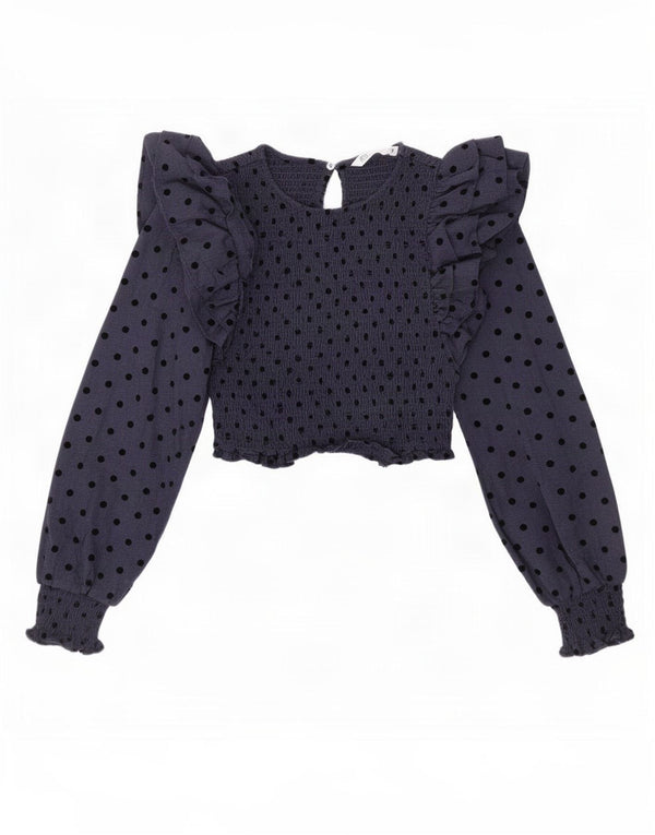 Zara Womens Crop Blouse Top UK 4 XS Navy Blue Polka Dot Cotton