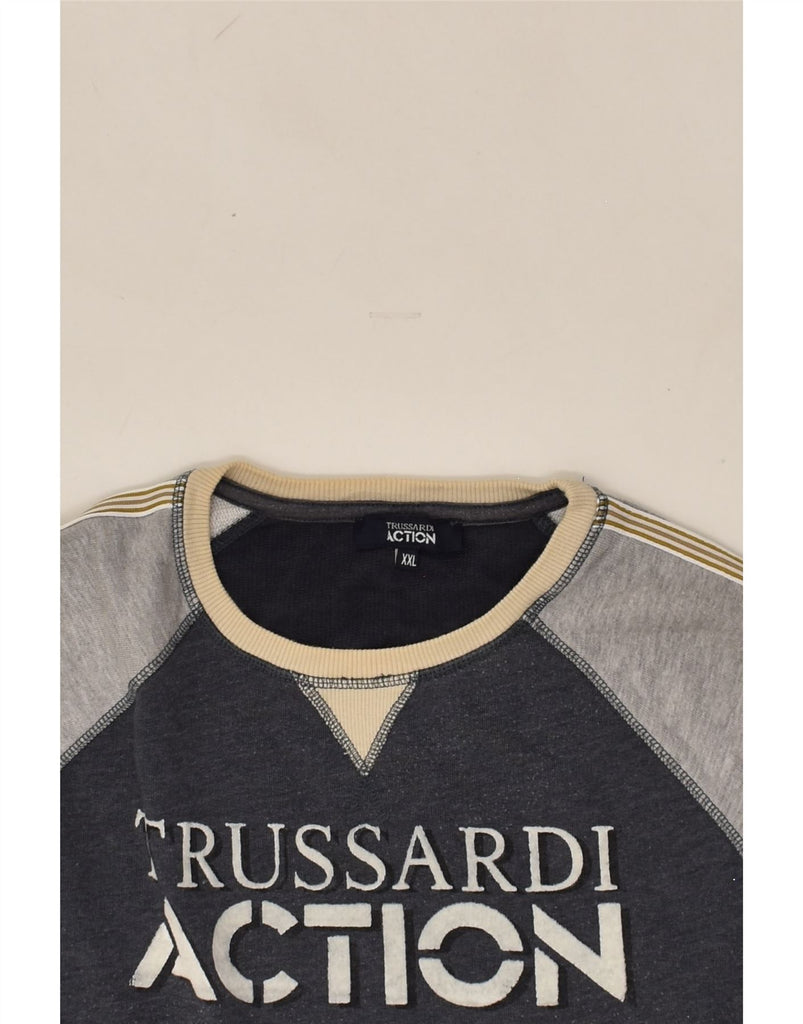 TRUSSARDI Mens Graphic Sweatshirt Jumper 2XL Grey Colourblock Cotton | Vintage Trussardi | Thrift | Second-Hand Trussardi | Used Clothing | Messina Hembry 