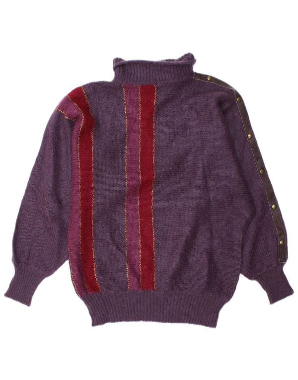 Vintage Womens Roll Neck Jumper Sweater UK 16 Large Purple Striped Acrylic