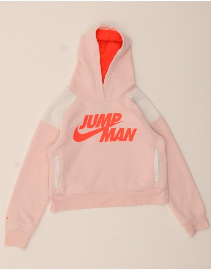 JORDAN Girls Crop Hoodie Jumper 10-11 Years Medium Pink Colourblock Vintage Jordan and Second-Hand Jordan from Messina Hembry 