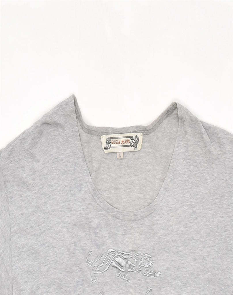 KRIZIA JEANS Womens Graphic T-Shirt Top UK 16 Large Grey Cotton | Vintage | Thrift | Second-Hand | Used Clothing | Messina Hembry 