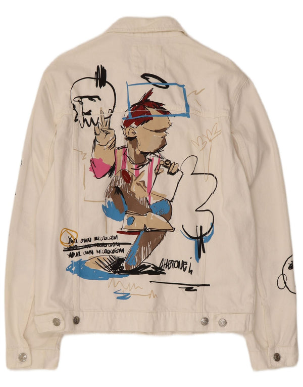 Zara Mens Graphic Denim Jacket UK 40 Large White Cotton