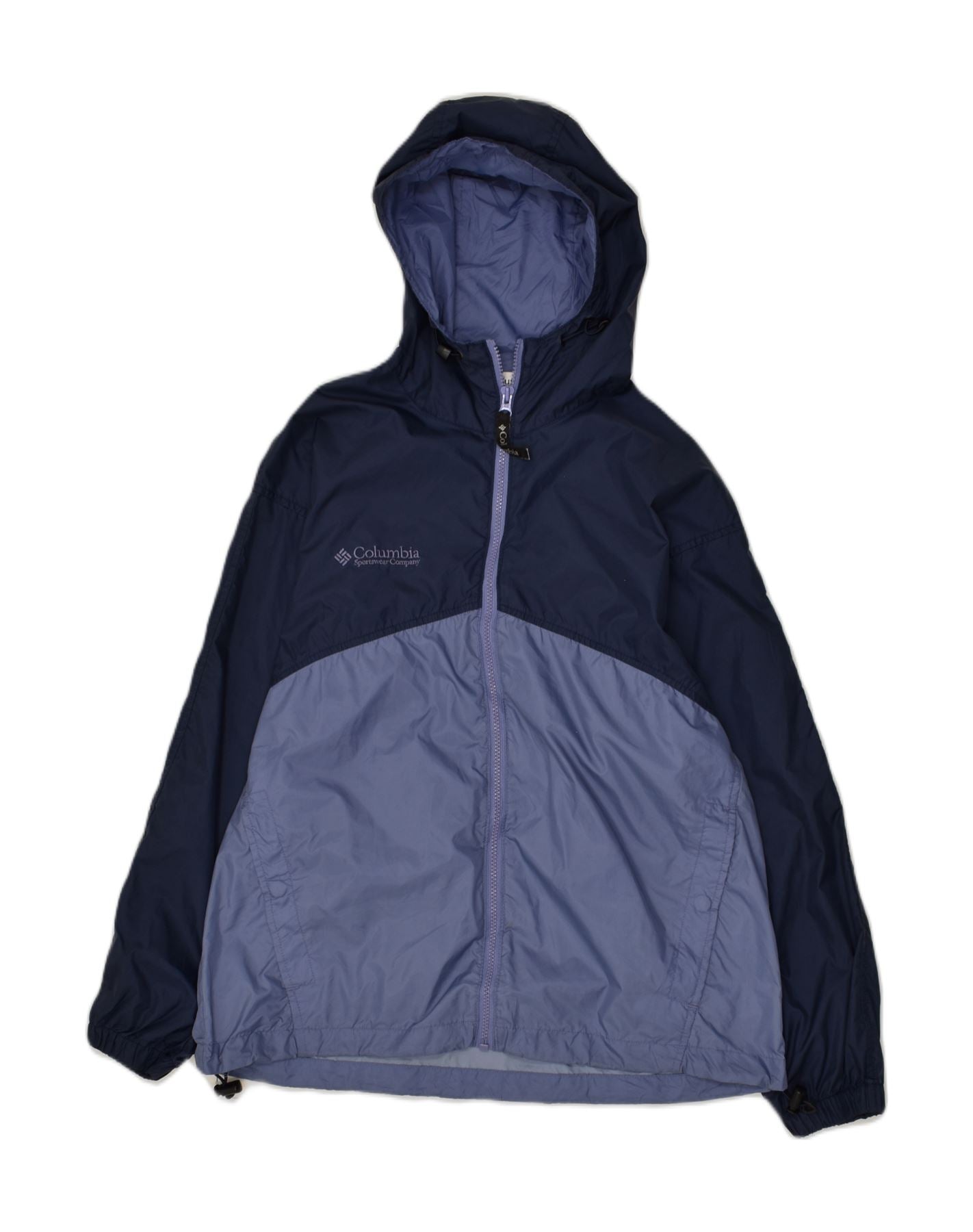 COLUMBIA Womens Hooded Rain Jacket UK 10 Small Navy Blue Colourblock Nylon, Vintage & Second-Hand Clothing Online