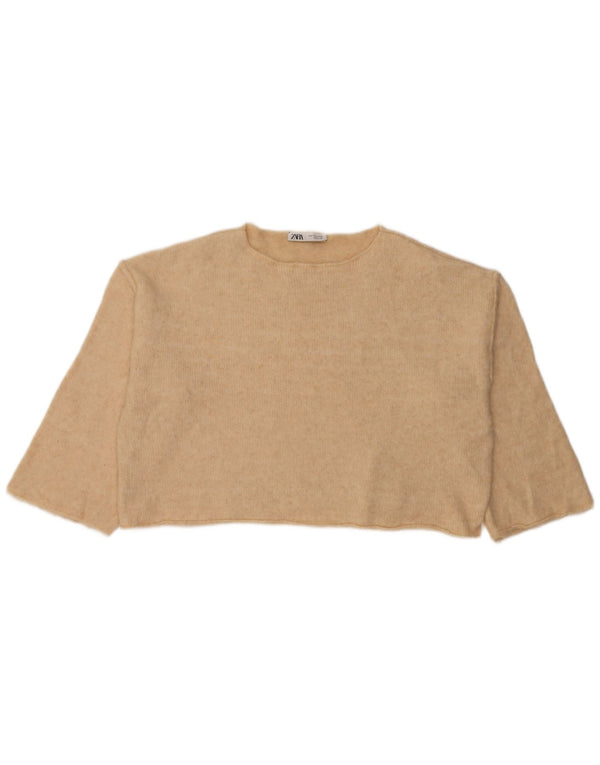 Zara Womens Crop Oversized Boat Neck Jumper Sweater UK 14 Medium Beige