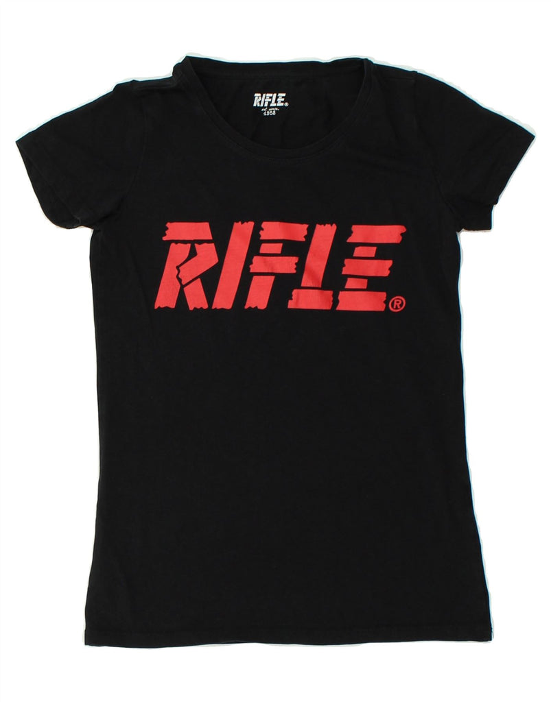 RIFLE Womens Graphic T-Shirt Top UK 4 XS Black | Vintage Rifle | Thrift | Second-Hand Rifle | Used Clothing | Messina Hembry 