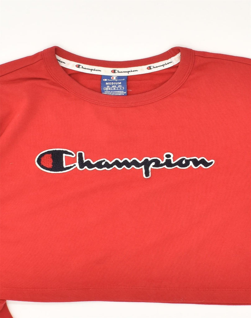 CHAMPION Womens Crop Graphic Sweatshirt Jumper UK 14 Medium Red Cotton | Vintage Champion | Thrift | Second-Hand Champion | Used Clothing | Messina Hembry 