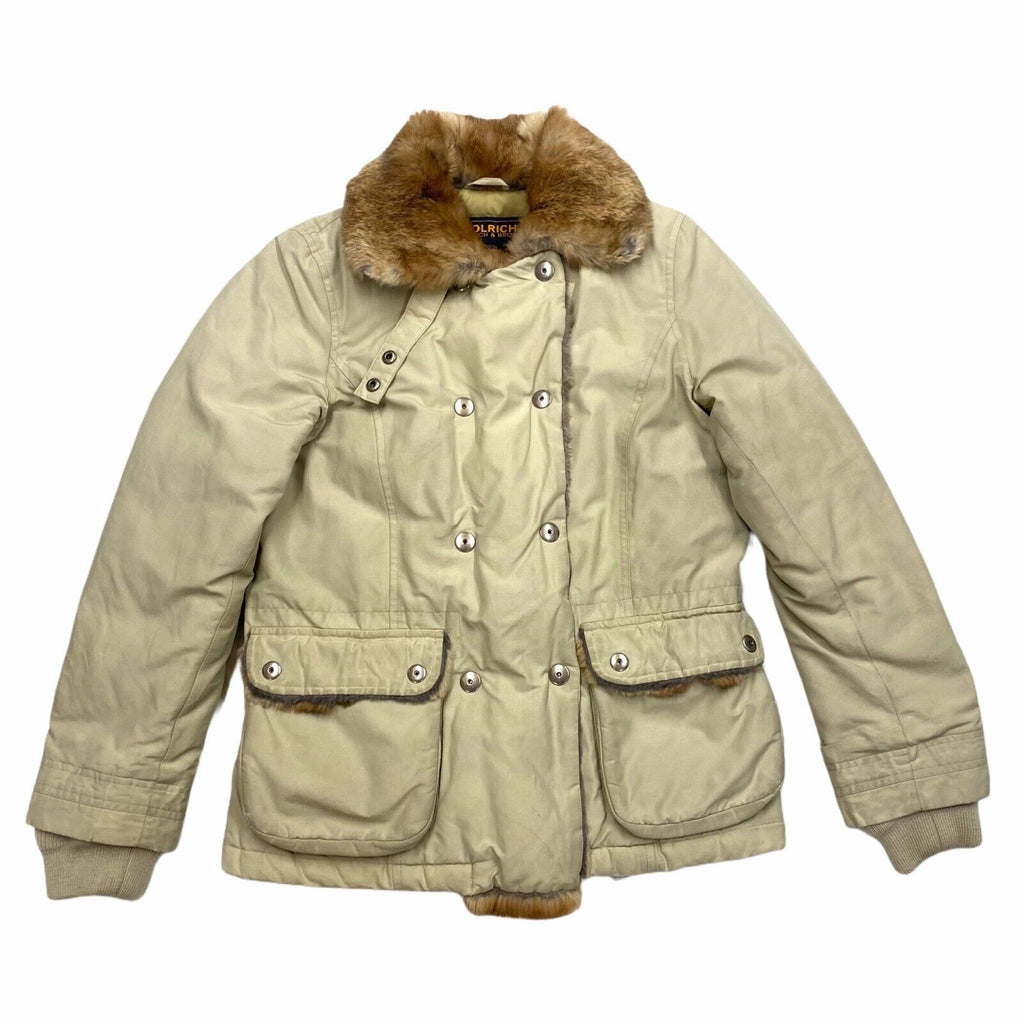 Woolrich Women's Snap Fastening Fur Trim Padded Jacket | Vintage Designer Beige | Vintage Messina Hembry | Thrift | Second-Hand Messina Hembry | Used Clothing | Messina Hembry 