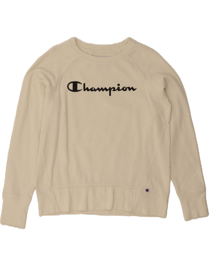 CHAMPION Womens Graphic Sweatshirt Jumper UK 14 Medium Off White Cotton Vintage Champion and Second-Hand Champion from Messina Hembry 