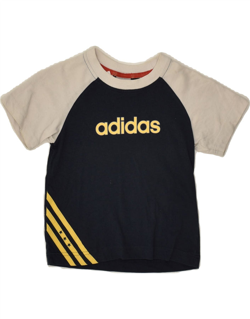 ADIDAS Boys Graphic T-Shirt Top 3-4 Years Navy Blue Colourblock Cotton | Vintage Adidas | Thrift | Second-Hand Adidas | Used Clothing | Messina Hembry 