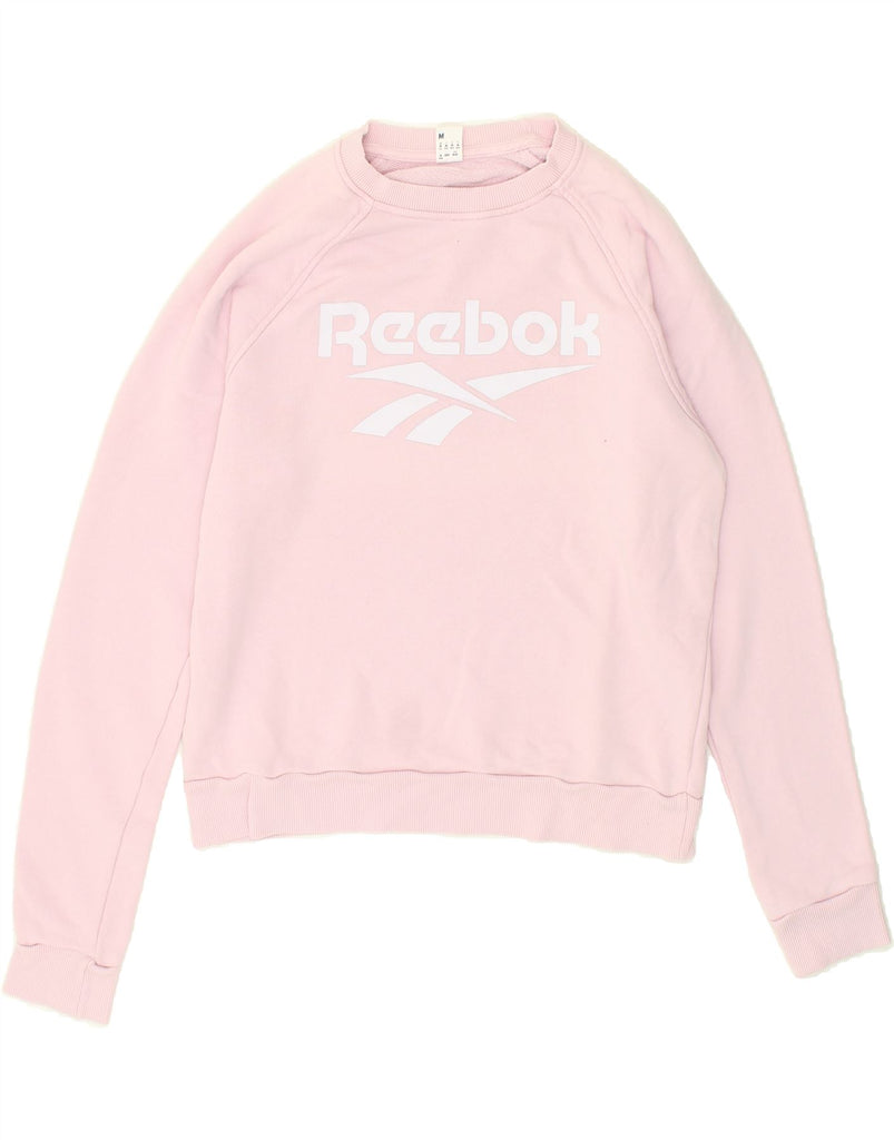 REEBOK Womens Graphic Sweatshirt Jumper UK 14 Medium Pink Cotton | Vintage Reebok | Thrift | Second-Hand Reebok | Used Clothing | Messina Hembry 