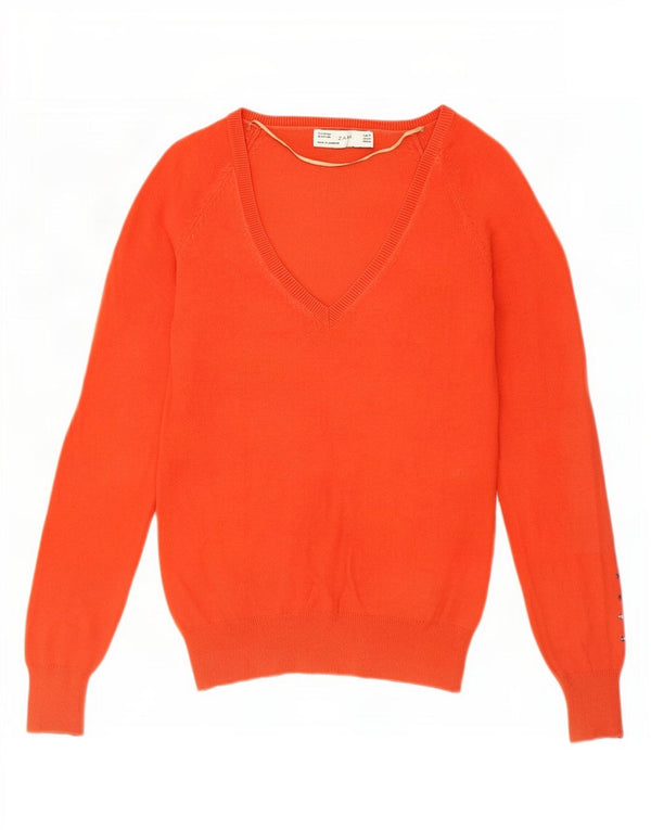 Zara Womens V-Neck Jumper Sweater UK 12 Medium Orange Cotton