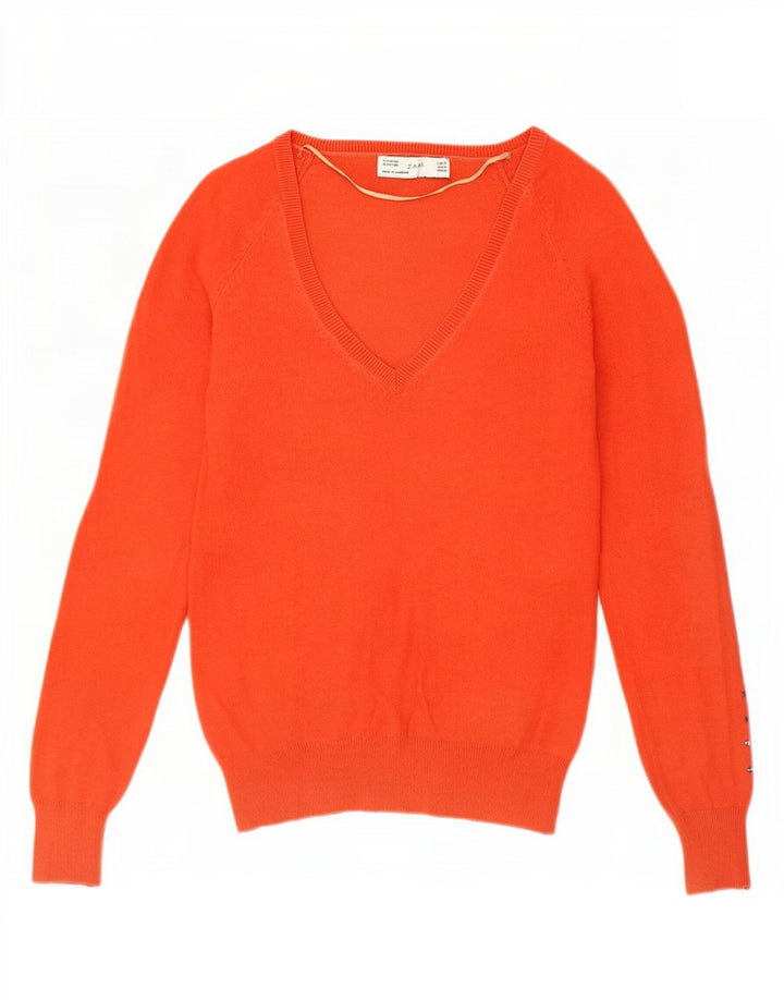 Zara Womens V-Neck Jumper Sweater UK 12 Medium Orange Cotton