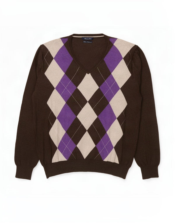 Massimo Dutti Mens V-Neck Jumper Sweater XL Brown Argyle/Diamond Cotton