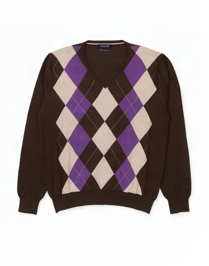 Massimo Dutti Mens V-Neck Jumper Sweater XL Brown Argyle/Diamond Cotton